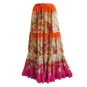 Vintage Y2K 90s Boho Maxi Skirt Tiered Ruffle Floral Macrame Gauzy Rayon India L